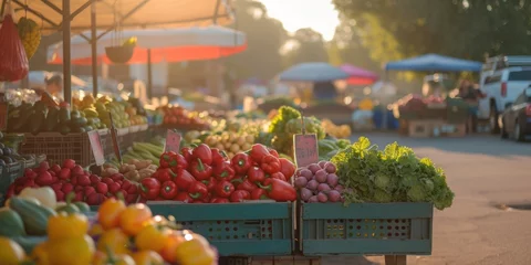 Schilderijen op glas An early morning farmers market scene, bustling with vendors and customers, fresh produce on display, capturing the essence of local commerce and community. Resplendent. © Summit Art Creations