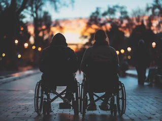 Fotobehang Zwei Personen vielleicht ein Paar sitzen im Rollstuhl und schauen den Sonnenaufgang oder Sonnenuntergang in einem Park © pegasus24.com