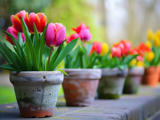 Blumentöpfe mit schönen Blumen in einer Reihe auf einer Mauer