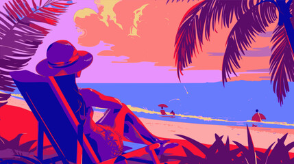 Woman, man vacationing. Lofi, red, purple, pink