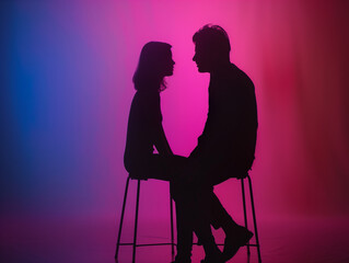 Ein Paar sitzt sich gegenüber hinter einen Leinwand mit Blau Lila Pink beleuchtet als Silhouette 