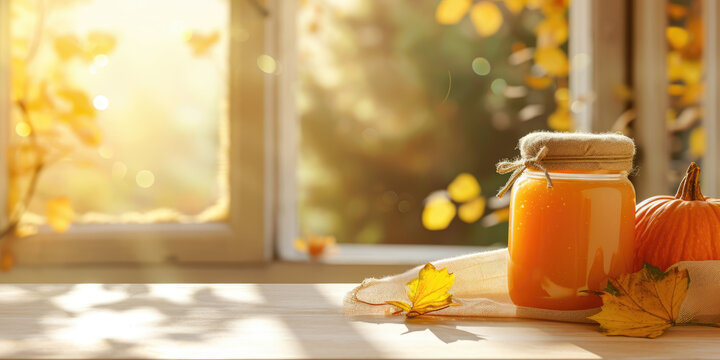 a jar of freshly squeezed pumpkin juice stands next to decorative pumpkins
