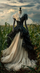 an elegant evening gown displayed on a scarecrow in a rural cornfield