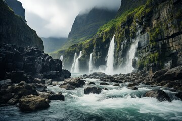 A waterfall cascades surrounded by rocks and mountains in a natural landscape - obrazy, fototapety, plakaty