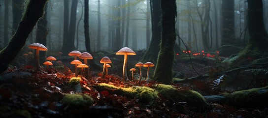 Damp forests serve as nurturing grounds where mushrooms thrive and proliferate. - obrazy, fototapety, plakaty