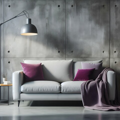 modern living room interior with sofa and lamp grey and purple colour 