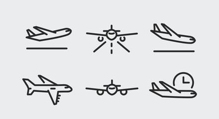 6 black line icons for airplane and flight elements. Ideal for promoting airline travel and transportation on social media. Includes departure, landing, and in-flight airplane. Vector illustration - obrazy, fototapety, plakaty