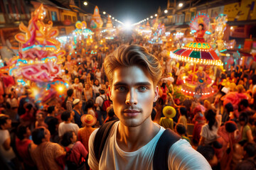 Obraz premium a man Selfie at a lively night festival with colorful lights and crowds.