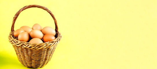 chicken eggs in a wicker basket, food shopping, background for Happy Easter decoration. artificial intelligence generator, AI, neural network image. background for the design.