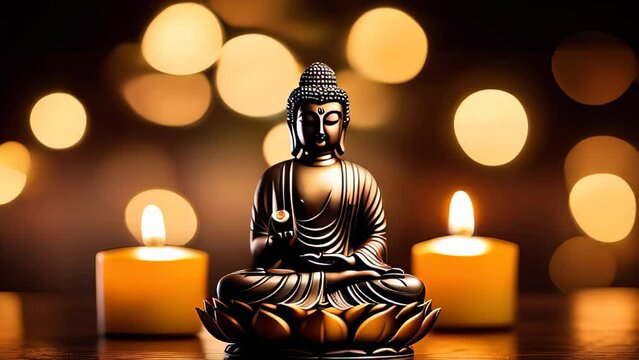 Buddha statue and plumeria flowers on bokeh background. lanterns and garlands made from flowers and candles. Concept holiday vesak day, religious, buddhism, lotus, sparkling background motion graphic.