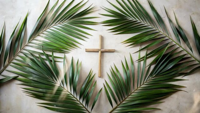 palm sunday and cross on white wall background