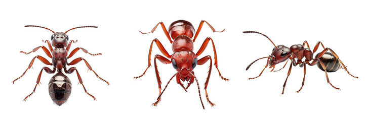 Collection of red ants isolated on transparent or white background