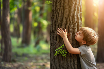 Net zero and carbon neutral concept. Child hugging a tree in the outdoor forest. global problem of carbon dioxide and global warming. Love of nature. greenhouse gas emissions target Climate neutral - obrazy, fototapety, plakaty