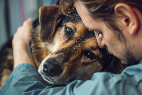 Dog owner says the final goodbye to beloved pet at the vet clinic.