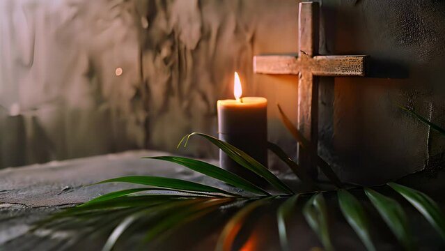 Wooden cross, candle and palm leaves