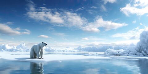 Majestic and solitary, a polar bear surveys its icy domain from atop a drifting floe. - obrazy, fototapety, plakaty