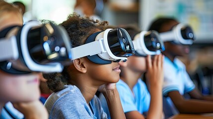 Kids students dive into immersive learning with VR glasses, sparking excitement and curiosity in the classroom