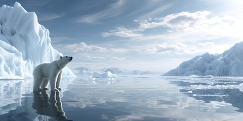 A solitary polar bear stands tall atop an ice floe, embodying the resilience of Arctic wildlife. - obrazy, fototapety, plakaty