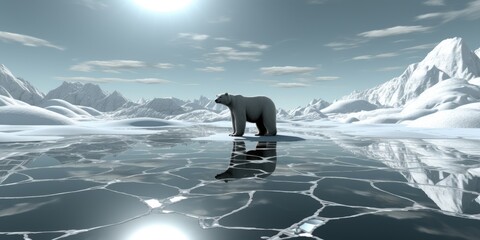 The Arctic silence is broken only by the presence of a polar bear, standing stoically on a floating ice floe.