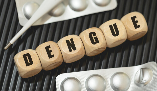 A palavra Dengue escrita em dados de madeira na linguagem Portugu&ecirc;s do Brasil. Emerg&ecirc;ncia na Sa&uacute;de P&uacute;blica no Brasil.