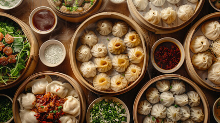 Overhead view of a traditional dim sum feast arranged in bamboo steamers, showcasing a variety of...