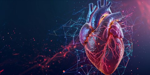 Digital illustration of a human heart with a dynamic, glowing network.