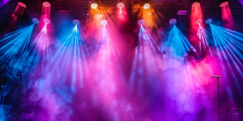 Colorful stage lights with smoke effects at a concert.