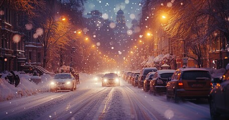 Traffic on a snowy winter street