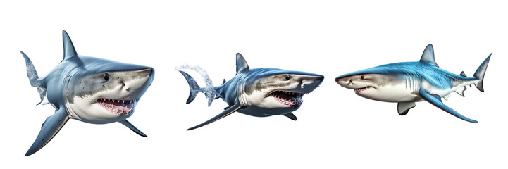 Collection of sharks isolated on transparent or white background