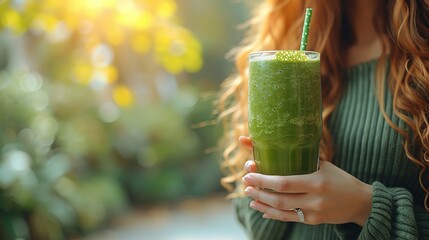 Close up of young woman holding glass of green smoothie. The concept of a healthy way of eating