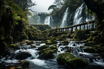 Fototapeta na wymiar A serene waterfall flows through a forest with a wooden bridge