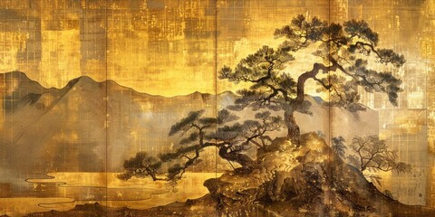 Traditional Japanese folding screen with gold leaf and landscape art.