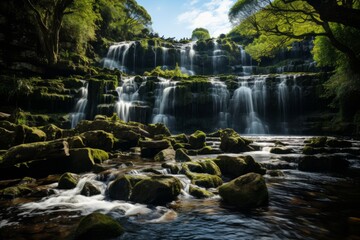 A majestic waterfall cascades through a forest, surrounded by trees and rocks - obrazy, fototapety, plakaty