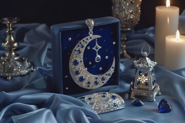 Fototapeta na wymiar Luxurious Ramadan embellishments with half-crescent adorned in diamonds