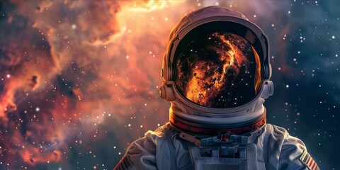 Astronaut in a space suit with a fiery nebula reflected in the visor.