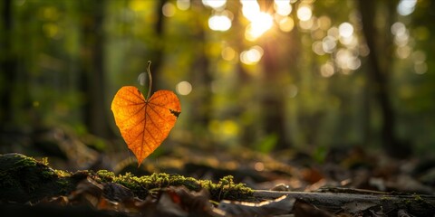 Heart shaped leaf in a sunlit forest.