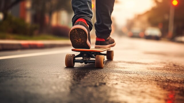 Close-up of a skateboarder's feet in sneakers on a board that rolls along the asphalt of the road.