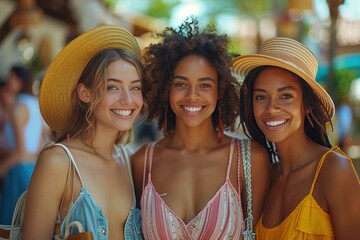 three happy women summer travelling together, diversity and multi racial concept, positive cheerful atmosphere, Generative Ai
