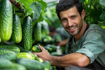 Obraz premium closeup portrait of happy man smiling while harvesting fresh cucumber in organic greenhouse farm, pesticide-free industry, Generative Ai