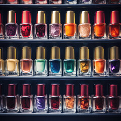 Row of colorful nail polish bottles on the shelf of a comsmetic beauty supply store