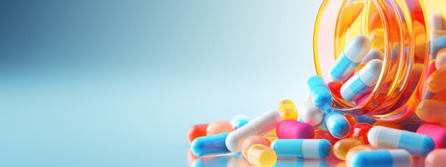Medical pill capsules in a bottle panoramic