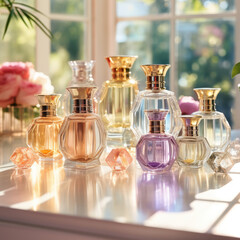 Row of colorful perfume bottles on the table of a cosmetic beauty supply store