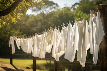 Clean fresh white laundry hangs to dry on a clothes line in summer