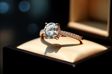 Diamond ring in a luxury open jewellery box before an wedding proposal