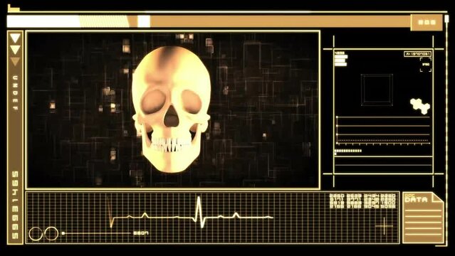 Animation of human skull and data processing over screen