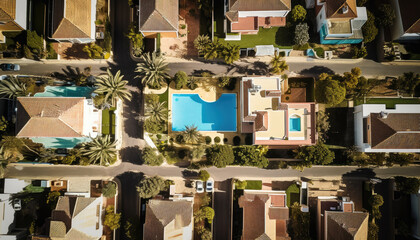 Aerial drone view of a swimming pool in a tropical residential neighbourhood area