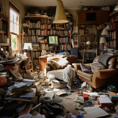 Hoarders mess and clutter inside a room in an old house