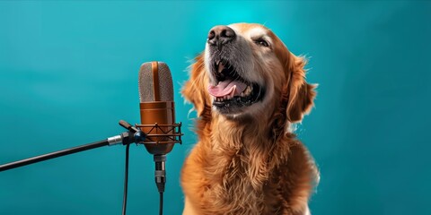 Golden retriever singing into a microphone - obrazy, fototapety, plakaty