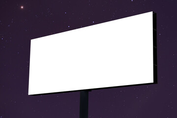 Mock up: blank white billboard or large display against the dark sky with stars at night. White screen, template, mockup and copyspace concept