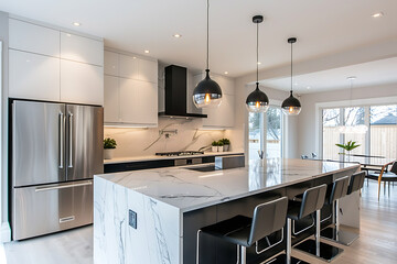 Modern Kitchen With Marble Countertops and Stainless Steel Appliances